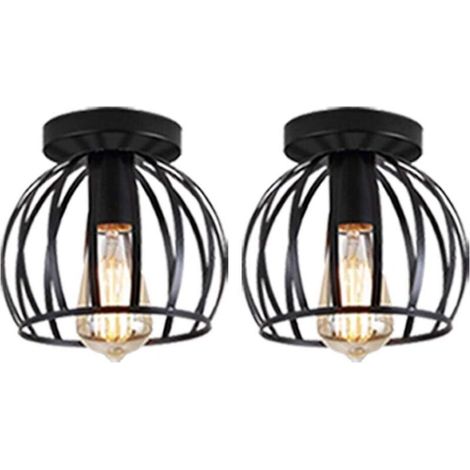 Lot de 2 Vintage Plafonnier Industrielle Design forme Cage 20cm Noir, Lampe de Plafond en Métal Fer Luminaire pour Salon Chambre Salle à manger (sans led ampoule) (1/4)