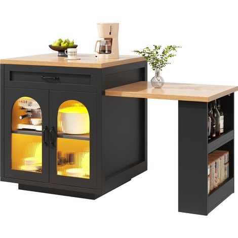 Îlot de cuisine extensible avec éclairage LED, meuble de cuisine moderne avec 2 tiroirs et étagères réglables, buffet avec portes vitrées rainurées, plan de travail en MDF pour l’espace repas (1/5)
