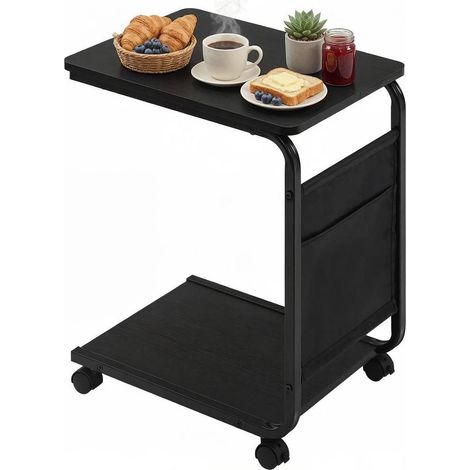 Tavolino con ruote 50 x 35 x 62 cm nero, 2 ripiani e tasca laterale in tela (1/5)