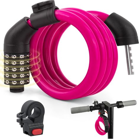 1 Antivol, câble acier 1,2m, combinaison 5 chiffres, gaine PVC, support fixation, scooter vélo (1/5)