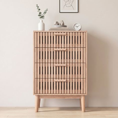Commode 4 tiroirs, meuble de rangement, design lattes bois, pour salon, chambre, entrée, 60x34x91cm, Naturel