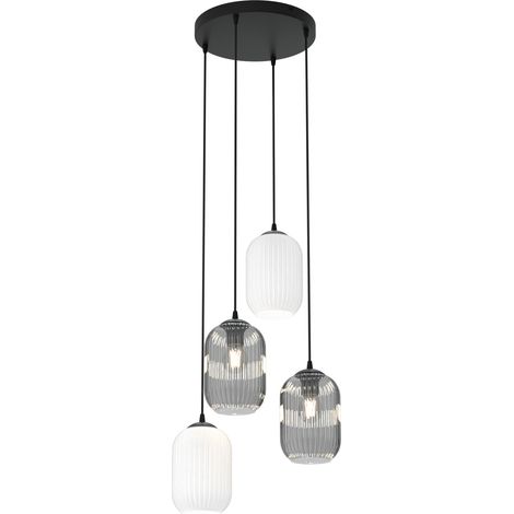 Lampadario 4 Luci Verdi Base Tonda Acciaio Nero Vetri Plissettati Bianco E Fumè (1/5)