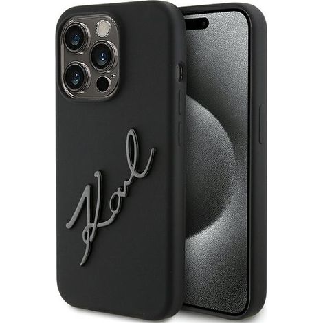 Custodia rigida in silicone nera/nera per iPhone 15 Pro 6.1" Karl Lagerfeld KLHCP15LSKSBMCK con scritta Karl. (1/5)