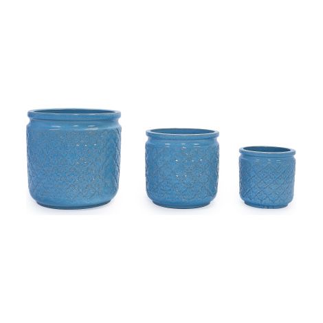 Lot de 3 pots de fleurs en céramique émaillée motifs géométriques respirant en terre cuite idéal pour orchidées intérieur extérieur fenêtres étagères bleu diamètres 38.1 30.5 22.9 cm