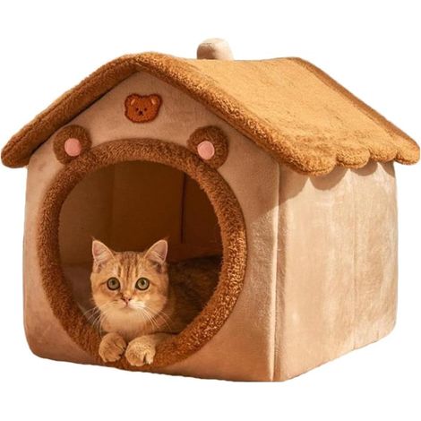 Lit d'intérieur pour chat, joli lit pour chat en forme d'ours, lit marron pour animaux de compagnie (lit maison ours marron/taille M (convient aux chats de moins de 15 chats et aux chiens de moins de (1/5)