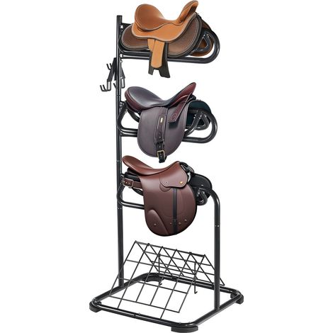 Porte-selles autoportant pour sellerie 3 niveaux, 76 x 76 x 174 cm, bras orientable porte-couvertures, western, anglais, écurie (1/5)