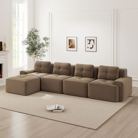 Sofá modular en L para salón de 4 plazas, terciopelo acanalado marrón, sin montaje, chaise longue (1/5)