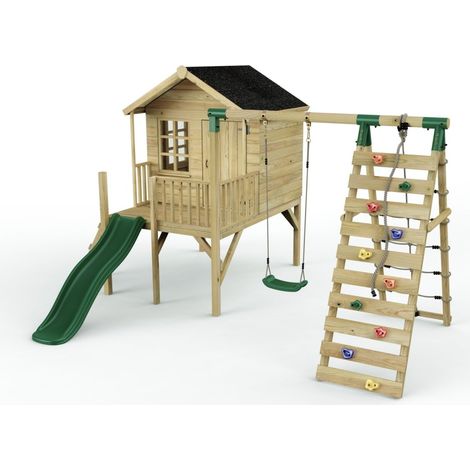 Rebo Playhouse and Single Swing Set with Climbing Wall and Slide - Solar Green (1/5)