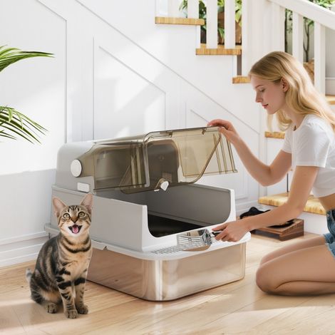 Bac à litière inoxydable XXL avec couvercle rabattable, litière chat avec pelle, pour chats jusqu'à 12 kg, facile à nettoyer