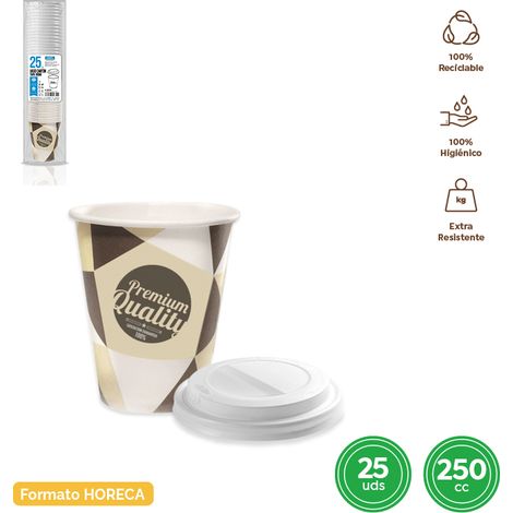 Taza de Cartón 250cc con Tapa, 25 Unidades - Maxi Products