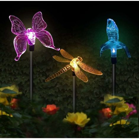 Lot de 3 lampes solaires LED multicolores – Formes papillon, colibri, libellule – Éclairage automatique 8h – Piquets en acier inoxydable