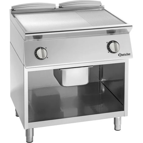 Plaque à snacker électrique PRO en acier chromée lisse et rainurée, sur soubassement ouvert, 16 000 W, 400 V - TRI