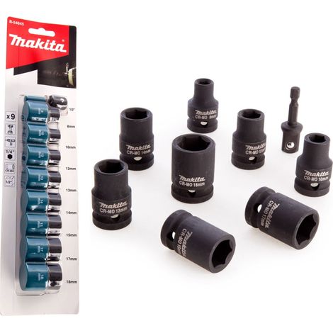 Makita 9 Piece Impact Driver Socket Set 1/2"" Square Drive + 1/4"" Hex Bit 8-18mm (1/6)