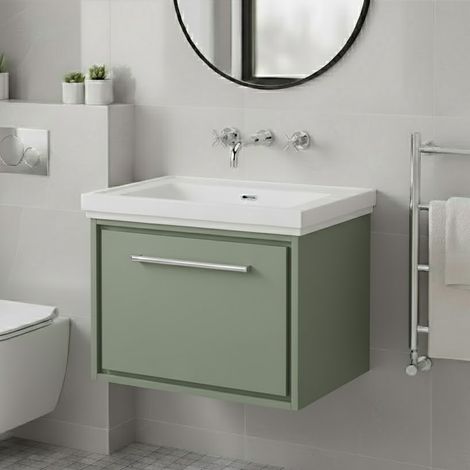 Hudson Reed Lille Wall Hung 1-Drawer Vanity Unit with 0TH Classique Basin 600mm Wide - Fern Green