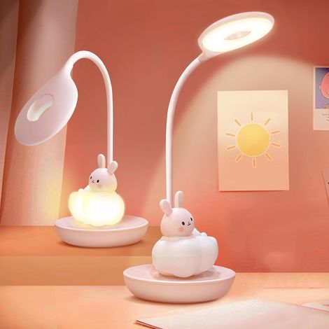 LED Lampe Bureau Enfant Fille, Lampe de Table 3 Niveaux de Lumière et 5 Combinaisons, Lampe de Bureau à toucher press Enfant pour fille, Lampe Kawaii Rechargeable Lapin Rose (ROSE) (1/5)