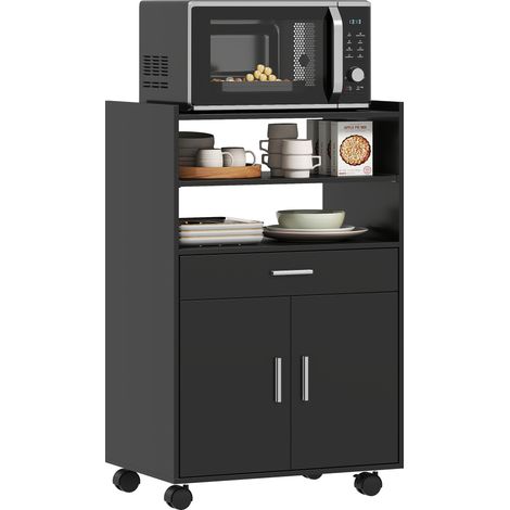 Armoire micro-ondes à roues, 2 portes, 59 x 40 x 92 cm, noir, buffet cuisine, tiroir, dessus appareil, étagères