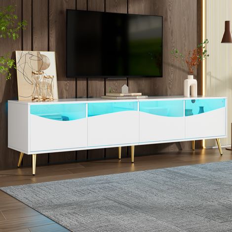 Meuble TV LED blanc 180x40x50 cm, corps blanc avec pieds dorés métalliques, façade en verre et rangements – buffet bas design pour salon élégant