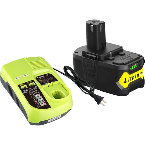 5,0 Ah Ersatzakku für Ryobi 18V mit P117B Ladegerät. Kompatibel mit Ryobi 18V-Akkus P102, P103, P104, P105, P107, P108, P109. Akku- und Ladegerät-Set mit USB-Anschluss. (1/5)