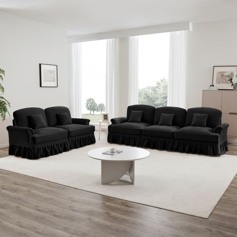 Vielseitiges Sofa-Set fürs Wohnzimmer, 2-in-1 modulares schwarzes Sofa, Chenille-Stoff mit abnehmbarem Rüschenrock, 5 bequeme Sitze