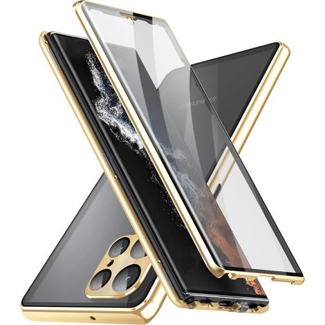 Custodia magnetica in doppio vetro per Samsung Galaxy S21 Ultra, colore oro.