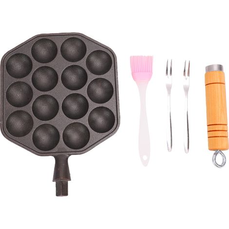 Poêle à takoyaki 14 trous en fonte antiadhésive avec poignée amovible, protection anti-brûlure, pour la fabrication de boulettes de poulpe. (1/5)