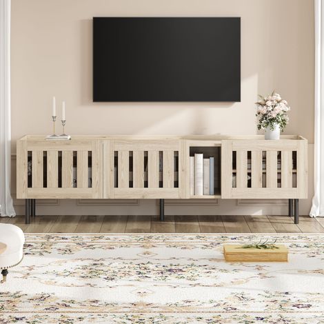 Meuble TV 160 cm, banc téle en bois, avec 4 espaces de rangement et 3 portes ajouré, convient aux téléviseurs jusqu'à 65" - Couleur chêne