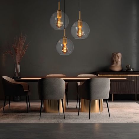 Lampe suspendue boule de verre, table à manger, boule de verre, boules lumineuses suspendues, 3 ampoules, métal laiton clair, 3x douilles E27, DxH 47x120cm (1/5)