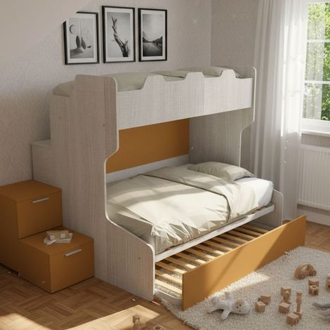 Letto a castello con gradini a cassetti e passerella - Una piazza e mezza e singola - Rovere rock