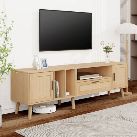 Mobile TV con decorazione in rattan, 2 porte e un cassetto, piedi in legno massello, mobile da soggiorno, 180 x 40 x 54 cm