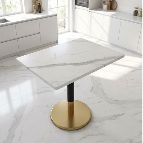 Mesa de comedor 80x60 cm blanca en MDF y metal con efecto mármol, diseño compacto para 2 personas (1/5)