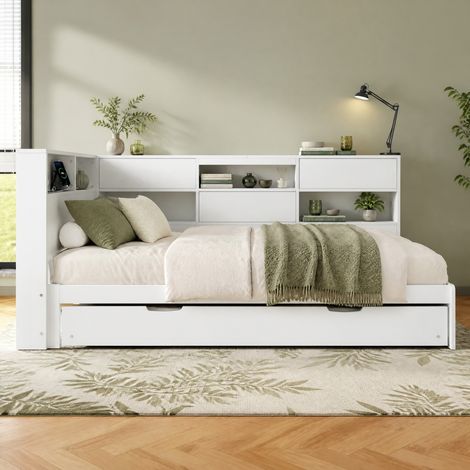 Sofá cama 90x200 cm, con cabecero con almacenaje, cama extraíble, madera de pino, blanco (1/5)