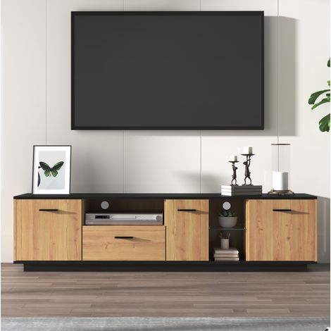 Mobile TV 180 x 37 x 45 cm con LED a 16 colori, 3 ante e 1 cassetto, nero e legno (1/5)