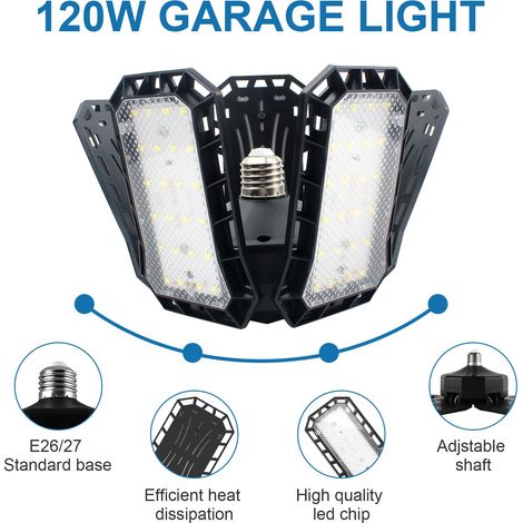 Luce da garage a 5+1 LED, luce da officina regolabile a 5 pannelli da 120 W, E27 super luminosa per magazzino, cantina, cucina (confezione da 2) (1/4)