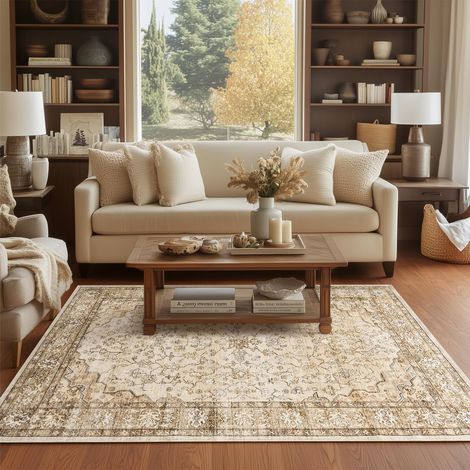 Grand Tapis de Salon en Fausse Laine Lavable à Poils Courts et antidérapant pour Chambre à Coucher et Salle à Manger Beige 160 x 230 cm (1/5)