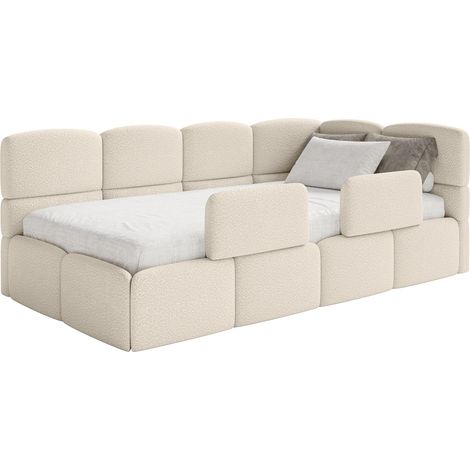 Selsey Cloudy – Kinderbett 120x200, Kopfteil rechts, Matratze & Bettkasten, Bouclé Hellbeige