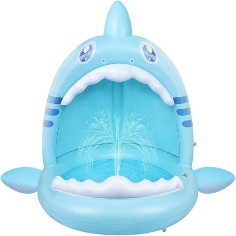 Babybecken mit Abdeckung, Haifisch-Planschbecken für Kleinkinder, aufblasbares Kinderbecken mit Wassersprinkler, (1/5)