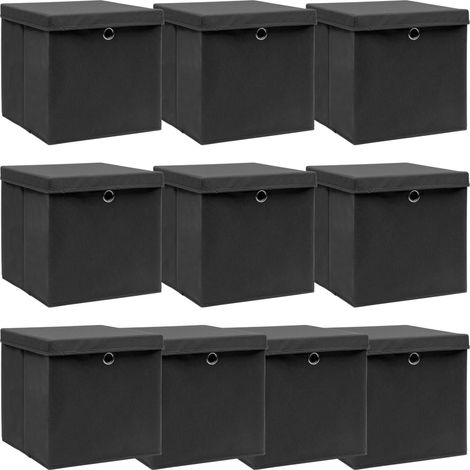 10 pcs Boîtes de rangement avec couvercle, Coffres de rangement Noir 32x32x32cm Tissu LKF88236 (1/5)