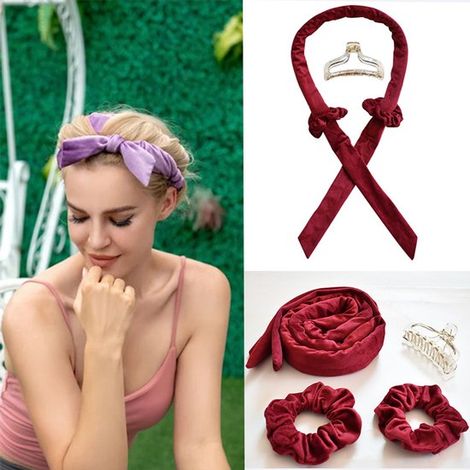 Kit de 4 pièces pour boucles sans chaleur : bigoudis, fer à friser, élastiques et pinces, flanelle rouge. (1/5)