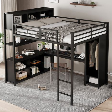 Hochbett 140x200 cm mit Schreibtisch, Stauraum und Kleiderschrank, aus Metall, Schwarz, ohne Matratze