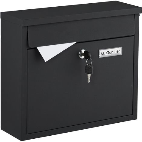 Buzón Relaxdays con nombre, (alto x ancho x fondo): 31 x 36 x 12 cm, hierro, 4 llaves, buzón horizontal, negro