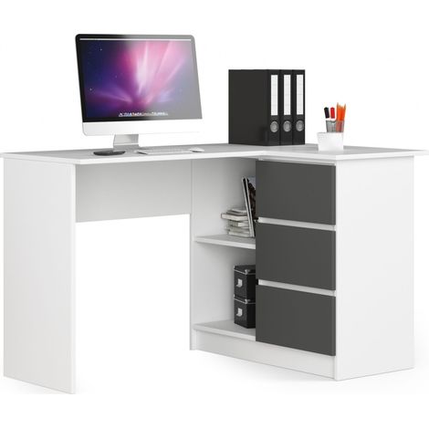 Akord – Bureau d'angle 124 cm blanc – 3 tiroirs gris graphite – 2 étagères – Panneau stratifié – Dimensions 124x85x77 cm