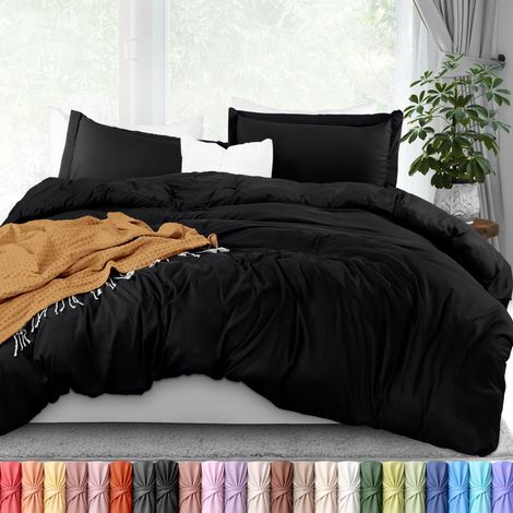 Parure de lit 3 pièces avec Fermeture éclair – 1 Housse de Couette avec 2 taies d'oreiller – Microfibre brossée Ultra Douce – 203,2 x 228,6 cm (lit Double, Noir) (1/5)