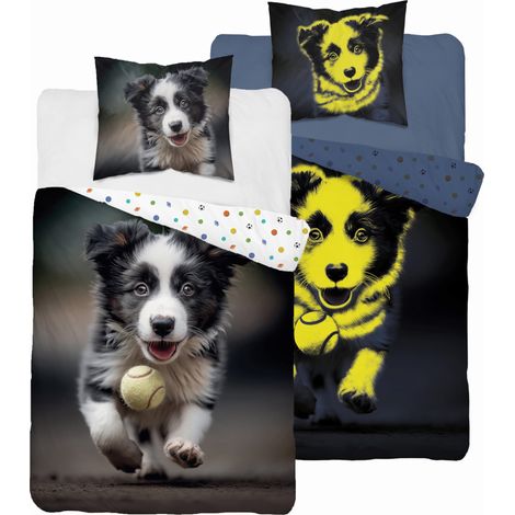 Parure de lit phosphorescente 140x200 cm, motif Border Collie avec une balle (1/5)