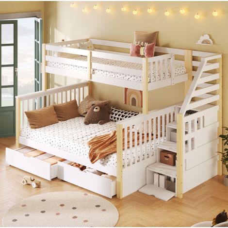 Lit superposé enfant 90x200/140x200 cm avec tiroirs, sommier à lattes, pin naturel (1/5)