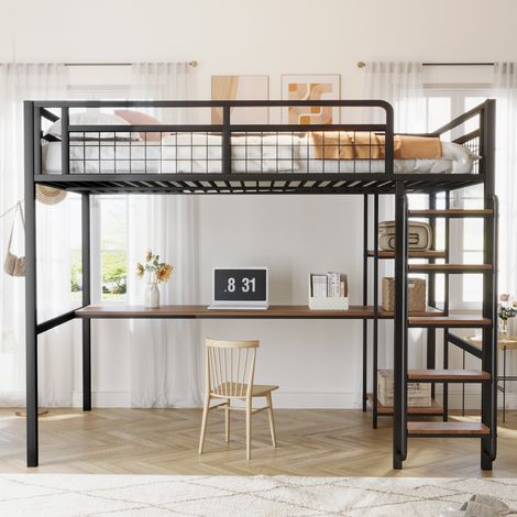 Letti a soppalco 140x200cm, letto in metallo con struttura anticaduta e scrivania, senza materasso, bianco, letto matrimoniale (1/5)