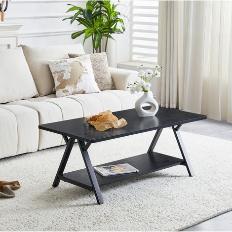 Mesa baja salón negro efecto madera, con estante de almacenamiento y estructura metálica estilo industrial, 110x57x44,5 cm (1/5)