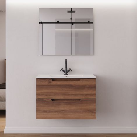 Meuble de salle de bain 80cm simple vasque - 2 tiroirs - noyer (bois foncé) - SONRIZA (1/5)
