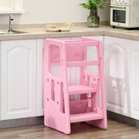Torre di apprendimento per bambini, sgabello regolabile in altezza con 3 posizioni per cucina e bagno, 47x47x90 cm, rosa (1/5)