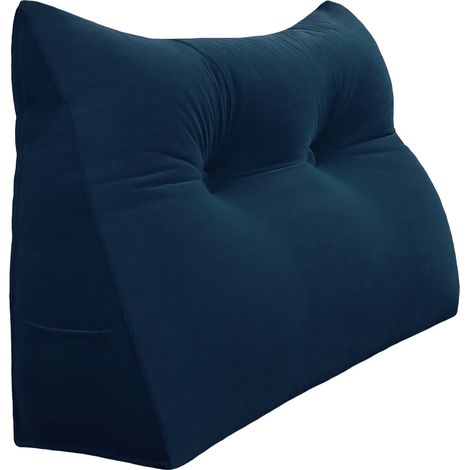 VERCART Großes Keil Lesekissen, Langes Bettruhe Rückenkissen, Dekoratives Kopfteilkissen, Dreieckiges Positionierungs Körperkissen für Tagesbett oder Couch, Samt Blau, 60cm