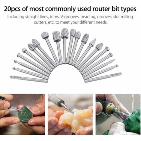 – Pack de 20 fraises de coupe en acier haute vitesse – Pour gravure sur bois, ABS, acrylique – Compatible avec outils rotatifs
